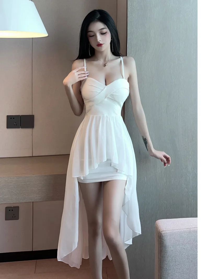 2023 Summer Women\'s New Sexy Sweet Irregular swing Swallowtail Slim sling Mid length Purity fashion Solid Color Dress ILGM
