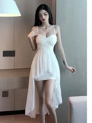 2023 Summer Women's New Sexy Sweet Irregular swing Swallowtail Slim sling Mid length Purity fashion Solid Color Dress ILGM