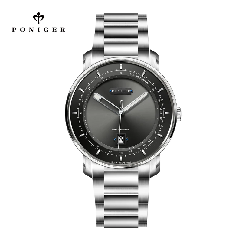 

Poniger Men's Wristwatches Calendar Display and Stainless Steel Band Luxury Analog Automatic Machinery Luminous Watch for Men