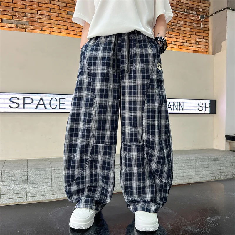 

Summer 2026 Boys Plaid Pants Hot Sale Children Long Casual Pants Cotton Teenage Elastic Waist Trousers 5-14Years Kids Sweatpants