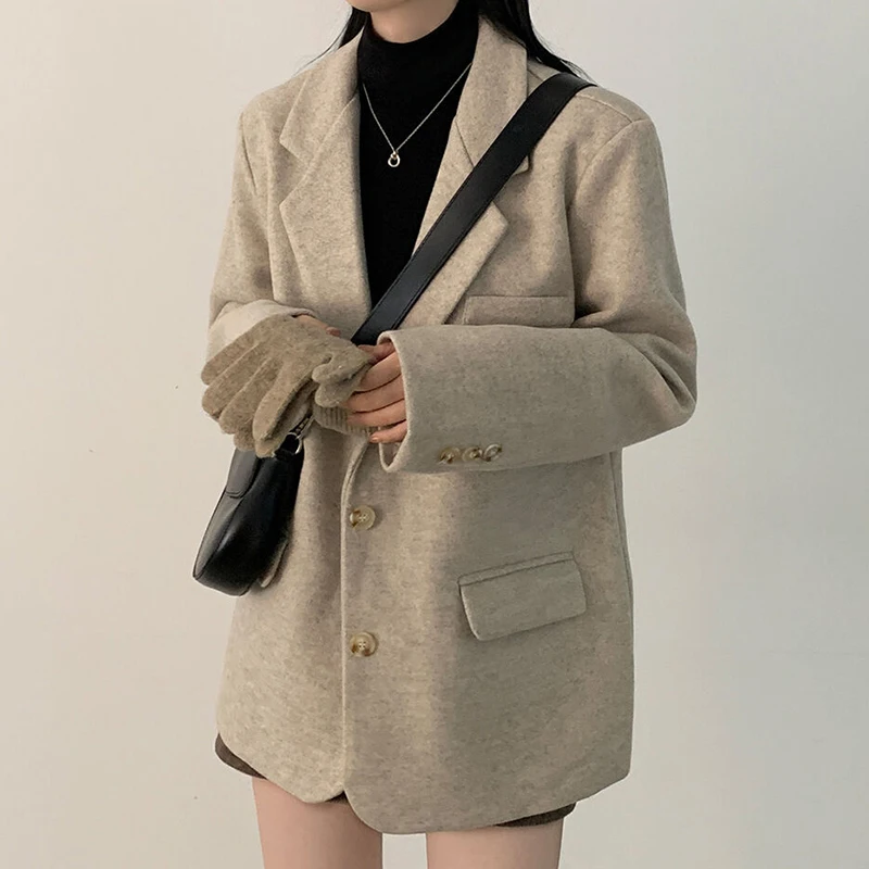 

Ele Winter Thiened Woolen Suit Collar Single Button Loose Versatile Women's Coat Chic Commute Sle Long Sve C...
