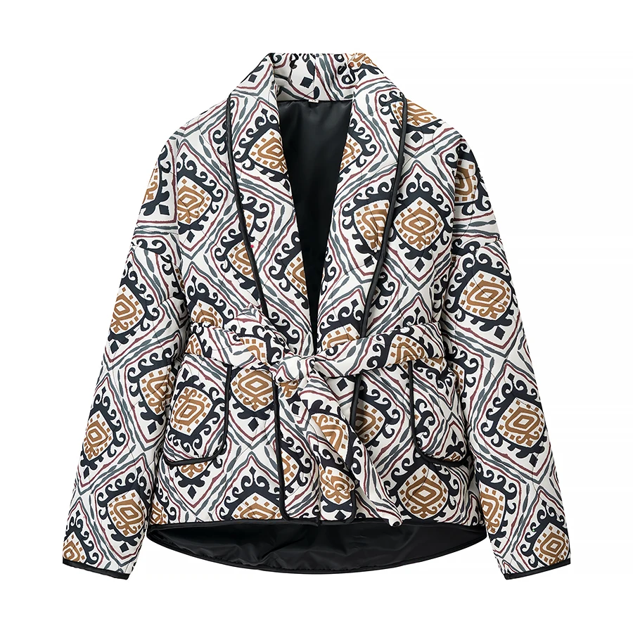 

2025 New Arrival Women's Minimalist Fashion Vintage Belt-Detailed Loose-Fit Long-Sleeve Printed Cotton Jacket