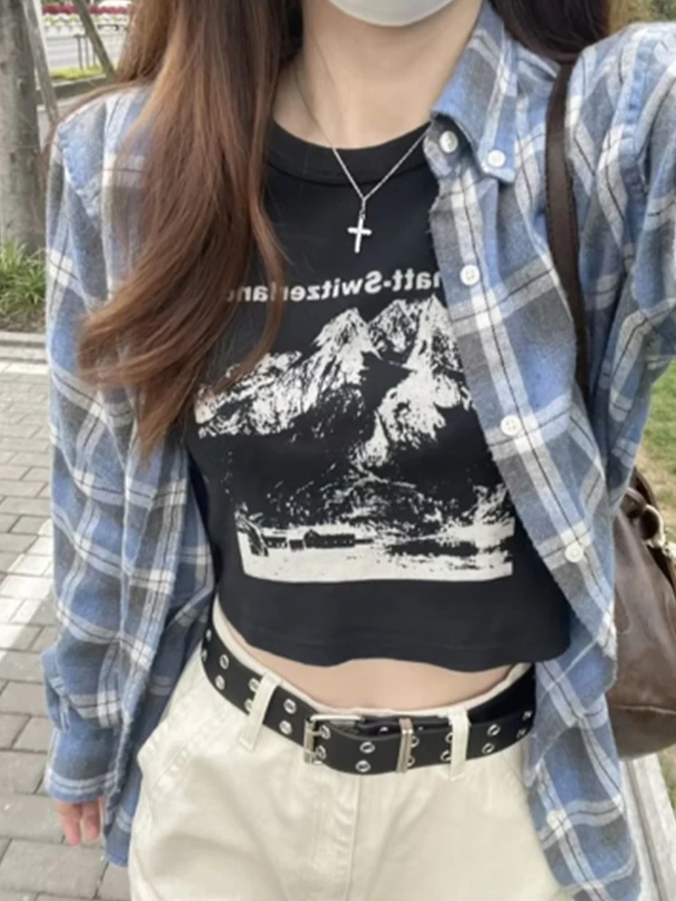 Casual Women Cotton Black Snow Mountain Printed Graphic T Shirts 2023 Summer Vintage O Neck Short Sleeves Female Crop Tops