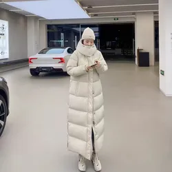White Goose Down Hoodie Coat Women Ankle Length X-long Black White Thicken Warm Hooded Snowwear Windproof Waterproof Jacket