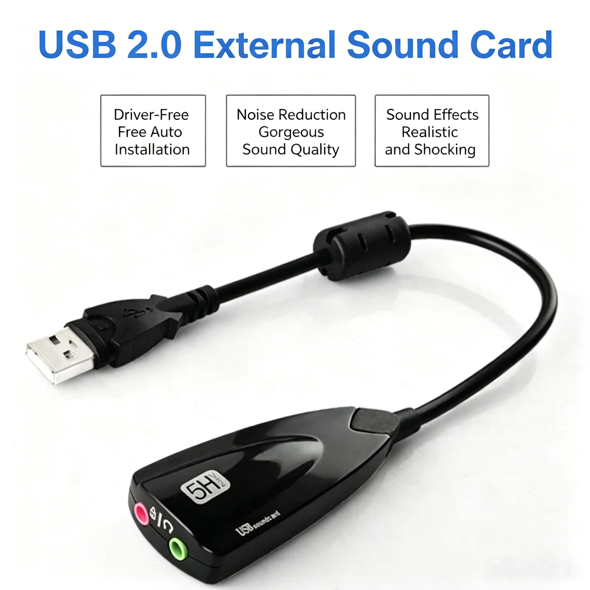 5HV2 Stereo 7.1 Channel USB Sound Card with Audio Cable, External Gaming Sound Card for PC, High-End Computer Game Dedicated Aud