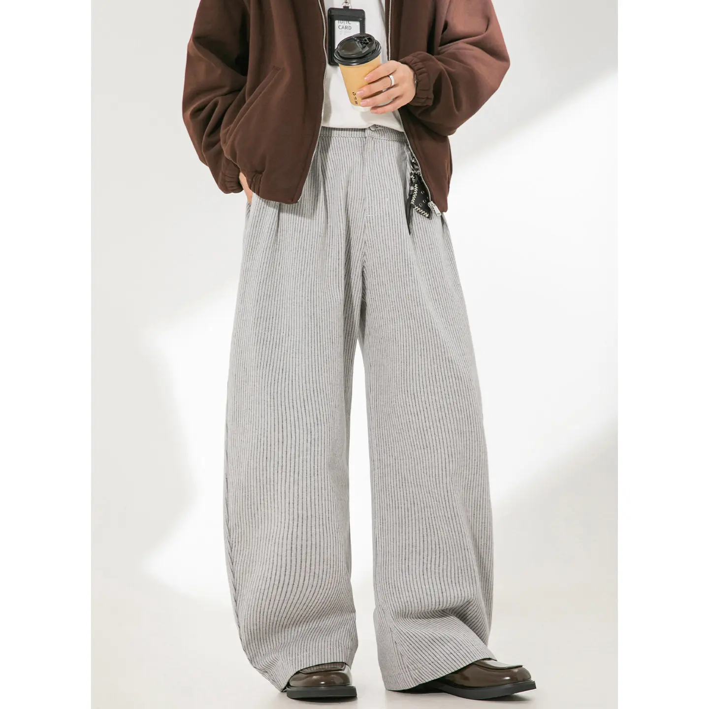 Men's Striped Wide-Leg Pants with Curved Hem – Slimming & Tall-Enhancing Fit, Soft Denim Fabric for Casual Wear