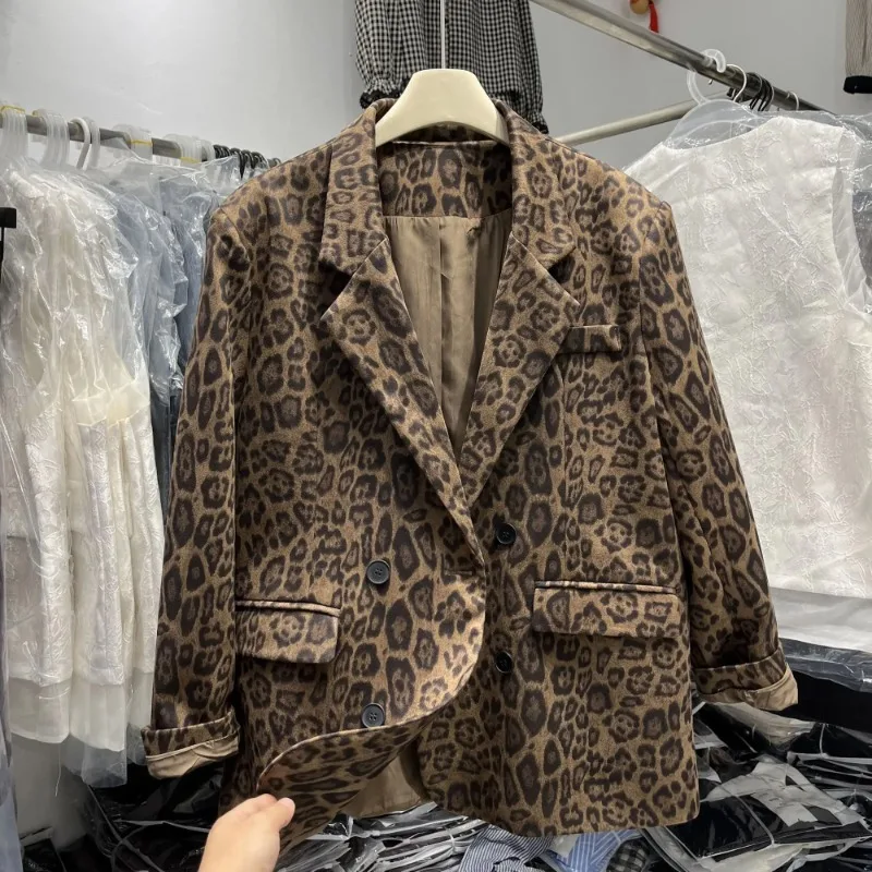 French Fashion Leopard Print Suit Jacket Women's Spring and Autumn New Temperament Slim Double-breasted Casual Joker Long Suit.