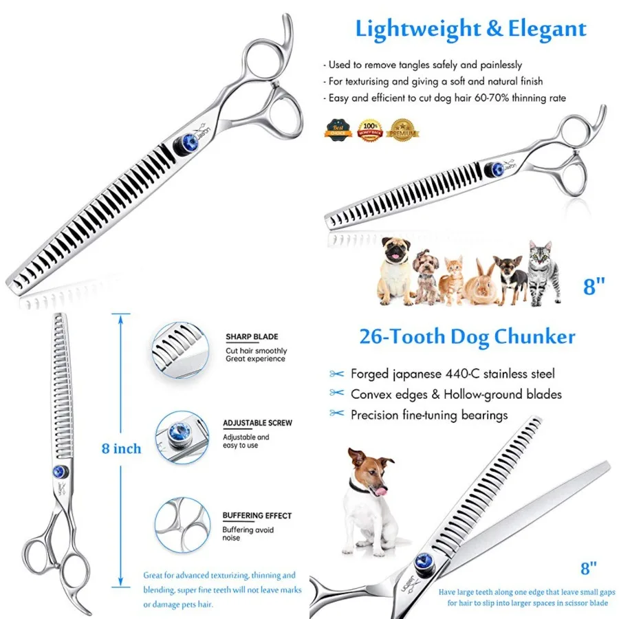 

8" 26 Tooth s Shears for Dogs Ergonomic Cats Grooming Scissors Texturizing Blending Thinning Shear Pets Trimming Kit with Offse