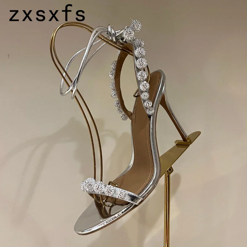 Luxury Crystal Ball High Heel Modern Sandals Women Runway Party Gladiator Shoes Real Leather Ankle Strap Summer Sandals Women