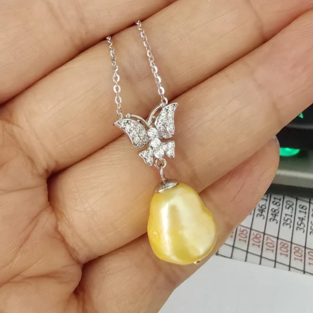 [Special Price Limit Purchase] 10mm Natural Golden Pearl Butterfly Pendant Necklace 925 Silver Fine Wedding Jewelry for Women