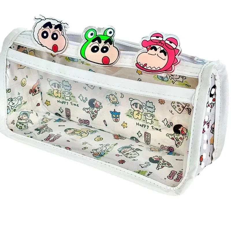 Anime Crayon Shin-chan Pencil Case Cartoon Student Stationery Box Gift Kawaii Transparent Large Capacity Double Layer Pencil Bag