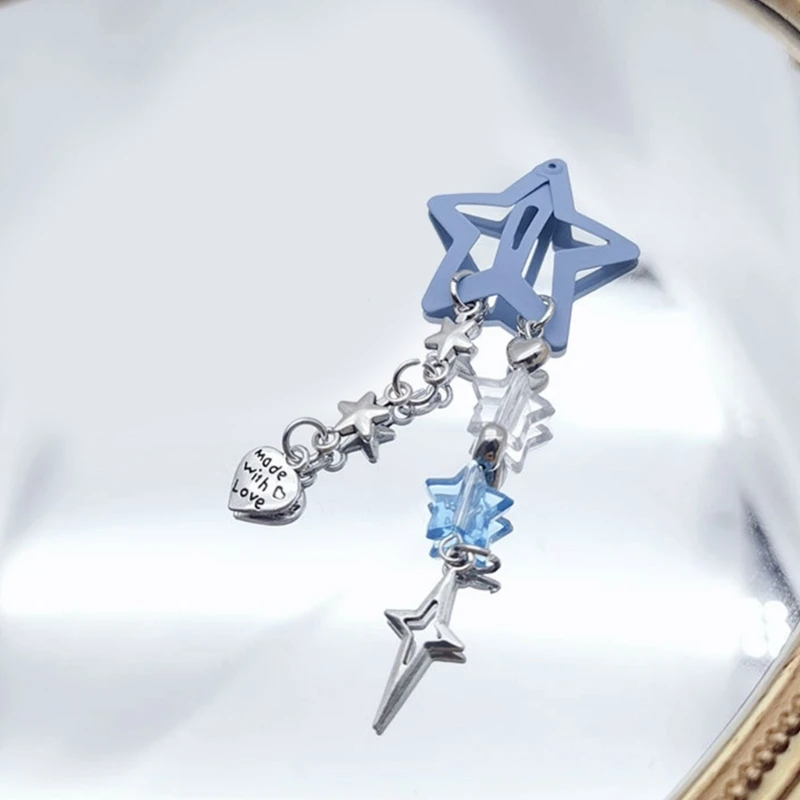 Y2k 90s Aesthetics Star Pentagram Beads Tassel Bobby Pin Vintage Cool Charm Hair Clip Harajuku Trendy Hair Accessories for Women