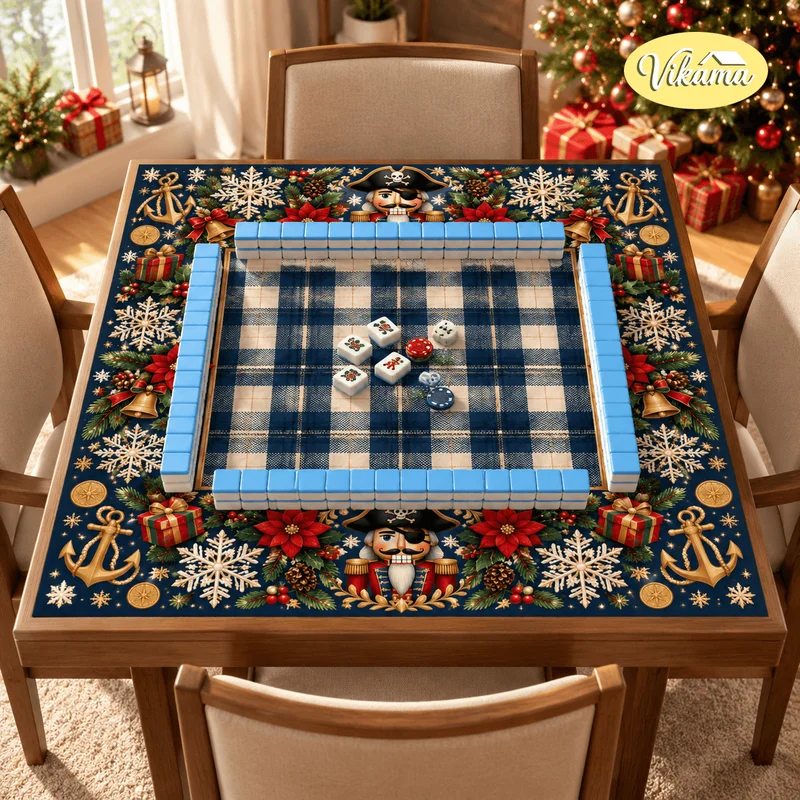 VIKAMA Navy Plaid Pirate Nutcracker Anchor Snowflake Table Poker Cover Non Slip Board Game Decor Felt Mahjong Table Thick