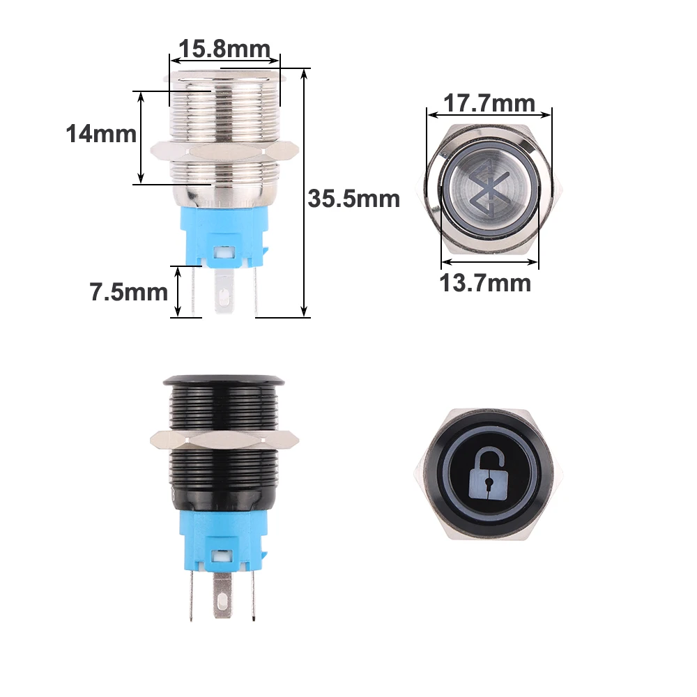 16mm Customn symbol Metal Push Button Switch with Ring Lamp LED Fan Horn DIY Icon Logo Illuminated for Car Boat Refitting Engine