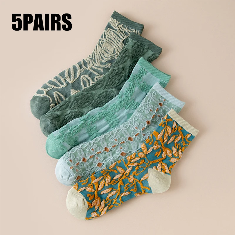 

5 pairs of autumn and winter women's mid length trendy socks with fashionable green relief and versatile long socks