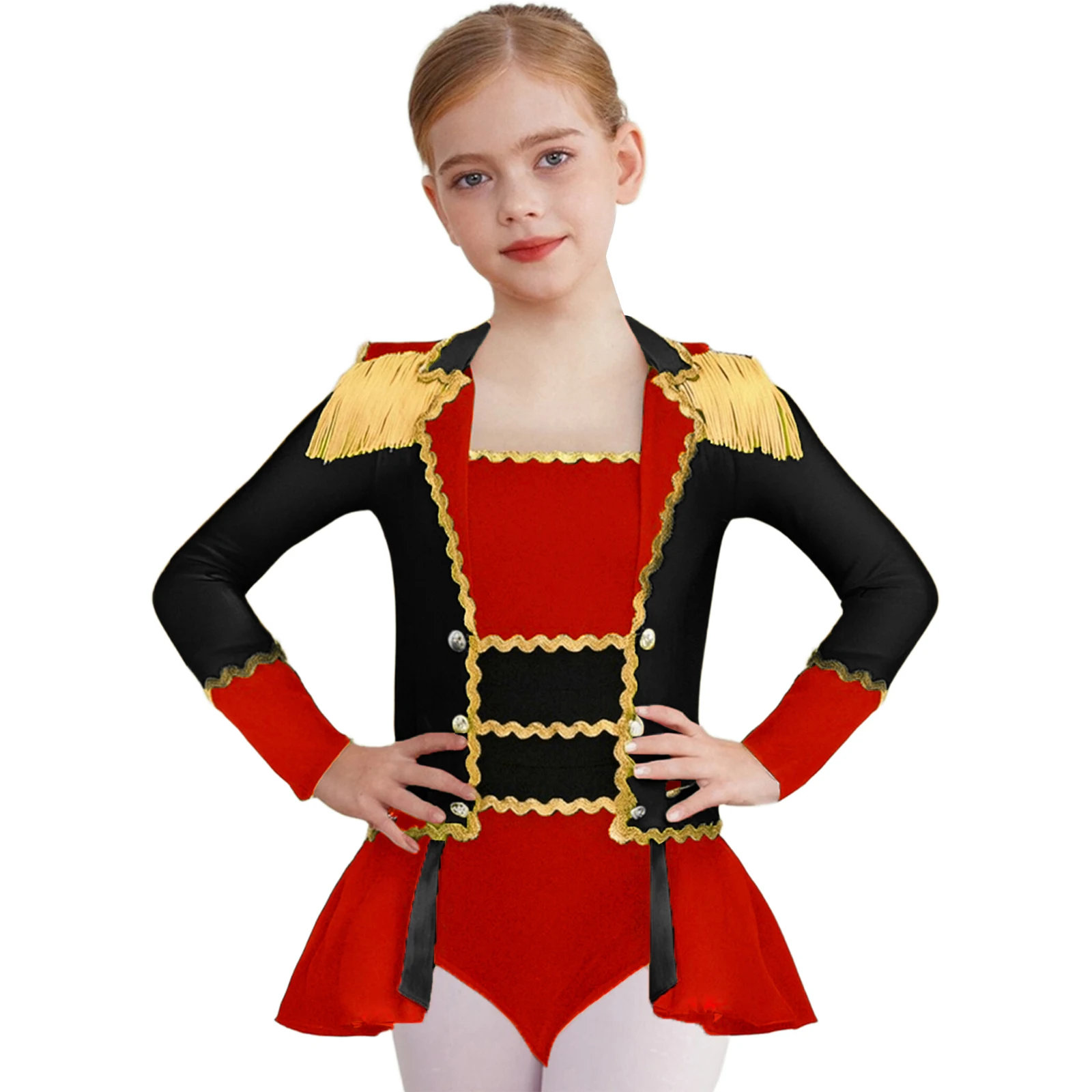 

Girl's Circus Dress up Costumes Color Contrast Gold Webbing Trim Long Sleeve Shoulder Epaulets Tassels Pleated Overlay Jumpsuit