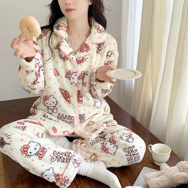 New Sanrio Hello Kitty Kawaii Pajamas Set Women Autumn Winter Plush Warm Sleepwear Cute Clothes Long Sleeve Thick Home Suit Tops