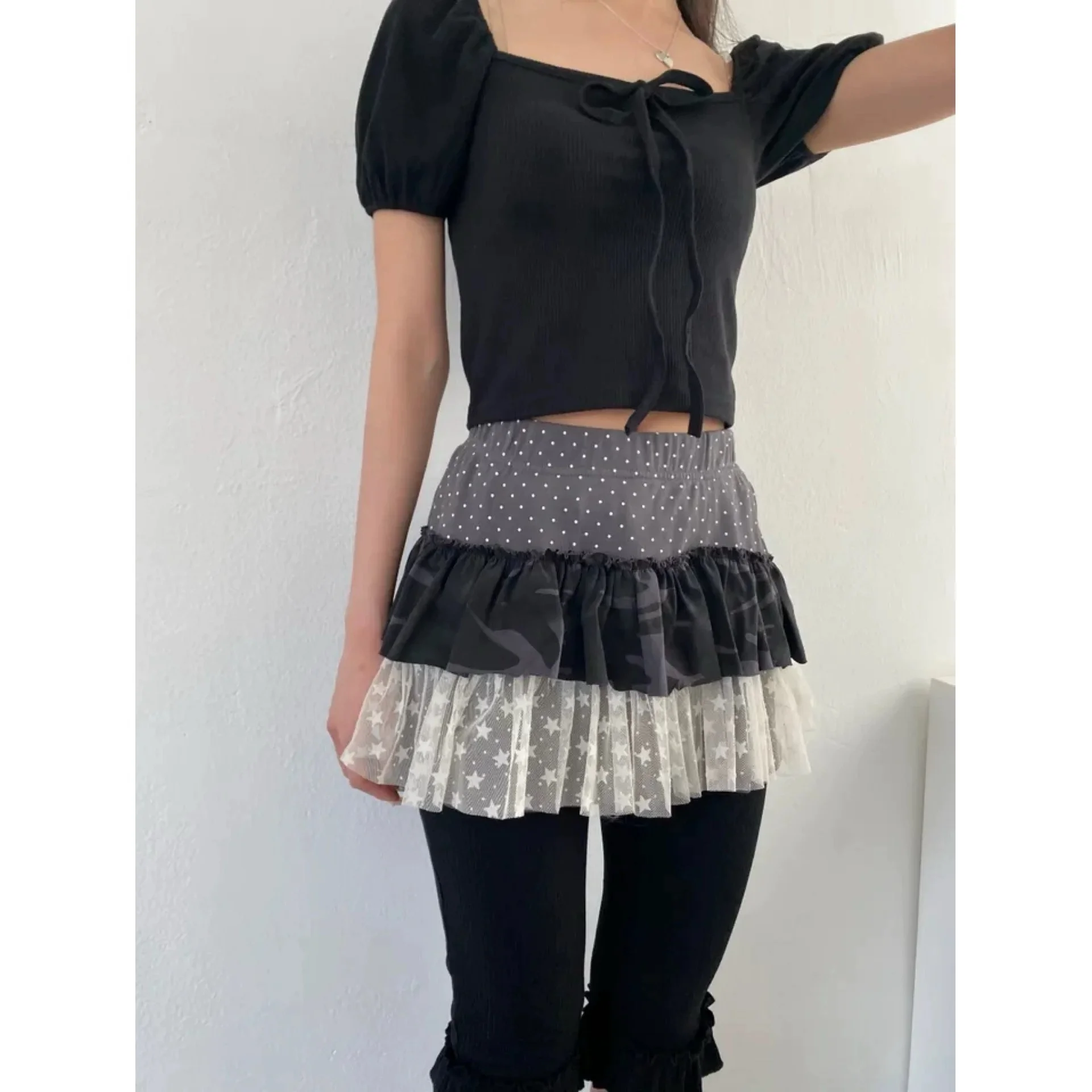 

Retro Millennium Polka Dot Camouflage Netting Splicing Multi-layer Short Skirt Cake Skirt Polyester Cotton Blend Citywalk