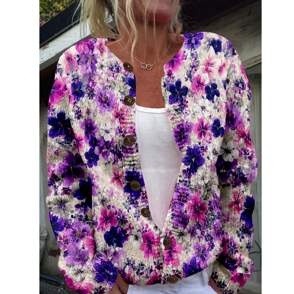 

Осень-зима вязаный кардиган с цветочным принтом, повседневный свитер, уличная одежда, женские свитера, вязаный топ, крутые джемперы, модные