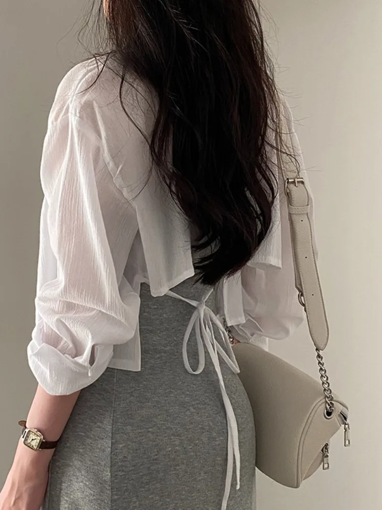 

White Design Sense Tie Long Sve irt Women Summer Thin pe Slimming Sun Protection ort Length Chiffon Top Korean Sle
