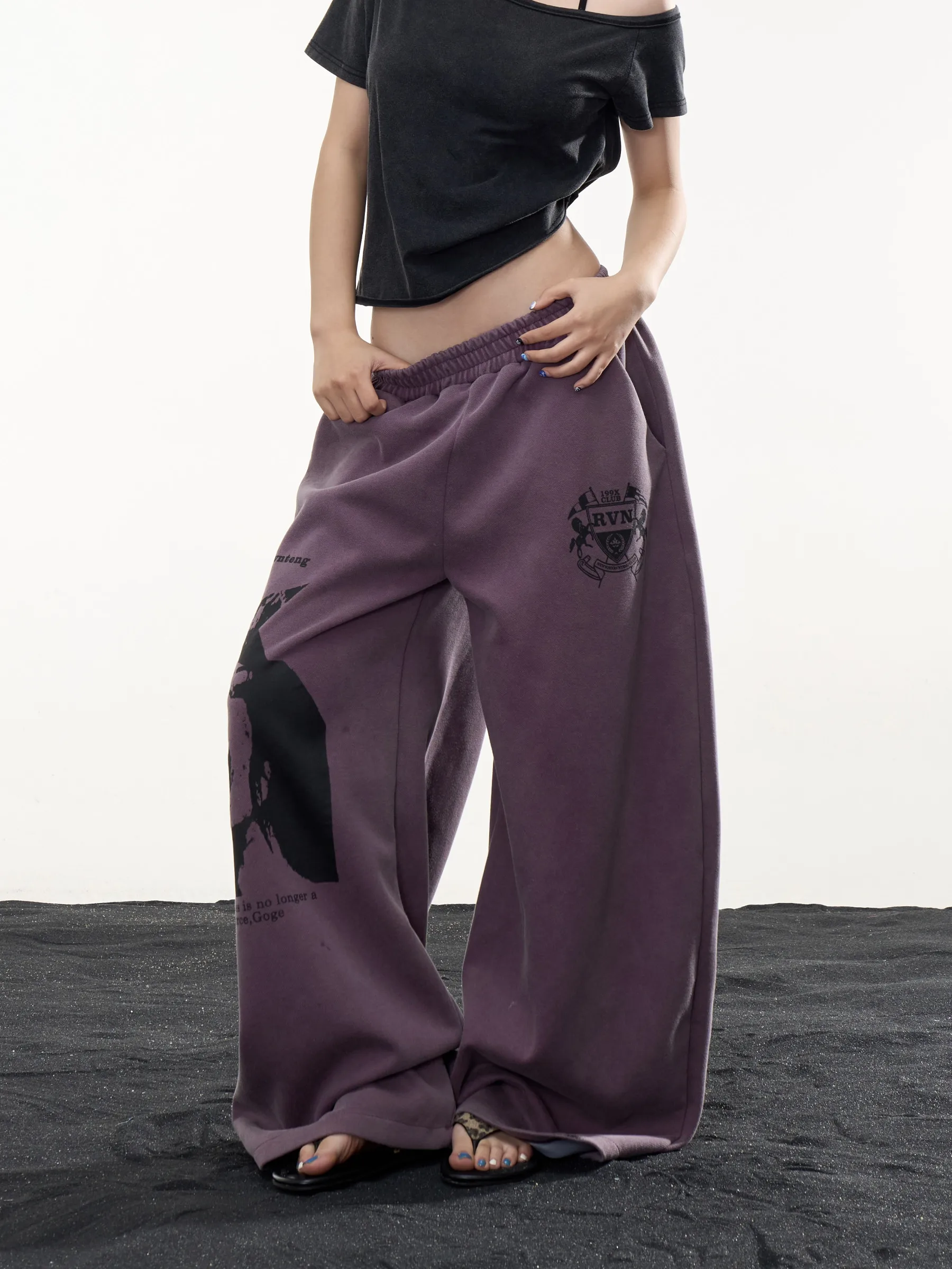 Street Style Graffiti Print Wide Leg Sweatpants Women Loose Slimming Long Pants Purple Casual Trousers Asymmetric High Waist