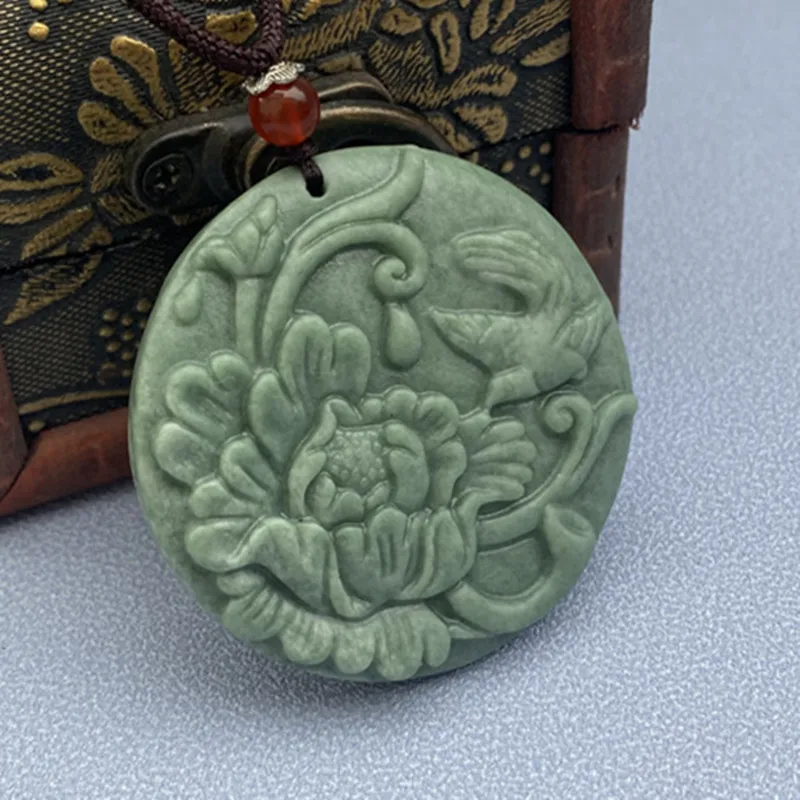 Natural Green Handmade Carved Peony Jade Pendant, Fashionable Boutique Jewelry, Men's and Women's Guizhou Cuiyu Necklace Gift