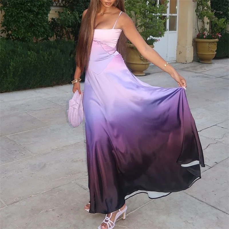 

Spaghetti Strap Gradient Purple Women Evening Dress Deep-V Neck Lace Up Party Gown Large Skirt Hem Waisted Prom Skirt In Stock