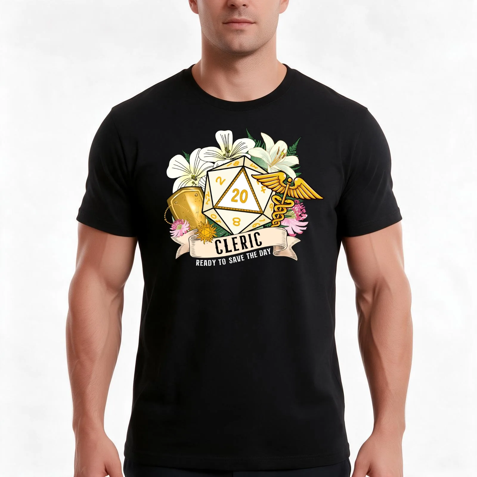 DND CLERIC: Floral Cleric Dice D20 Cleric dice for dnd cleric class T-Shirt Summer Casual Cotton Tee Vintage Graphic Print