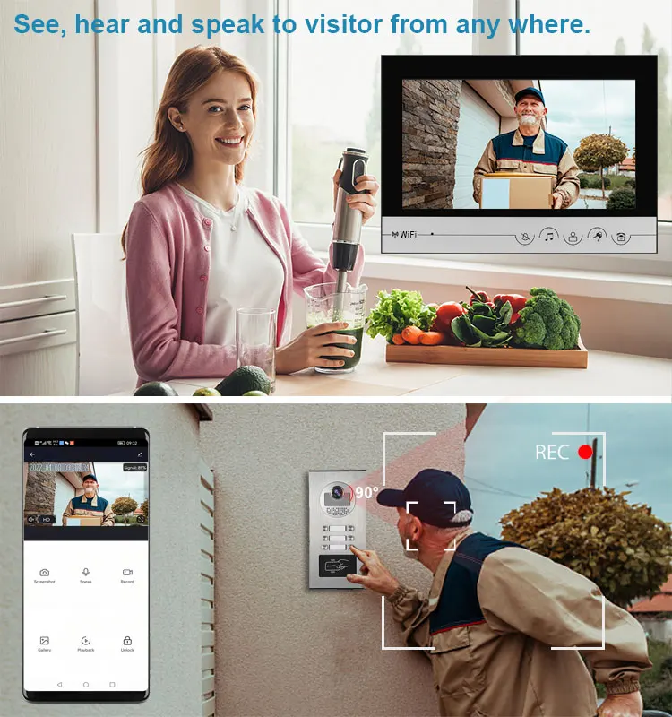 6 ボタンマルチアパート 9 インチスクリーンビデオドアホン RFID カードロック解除アクセス制御機能ビデオドアベル