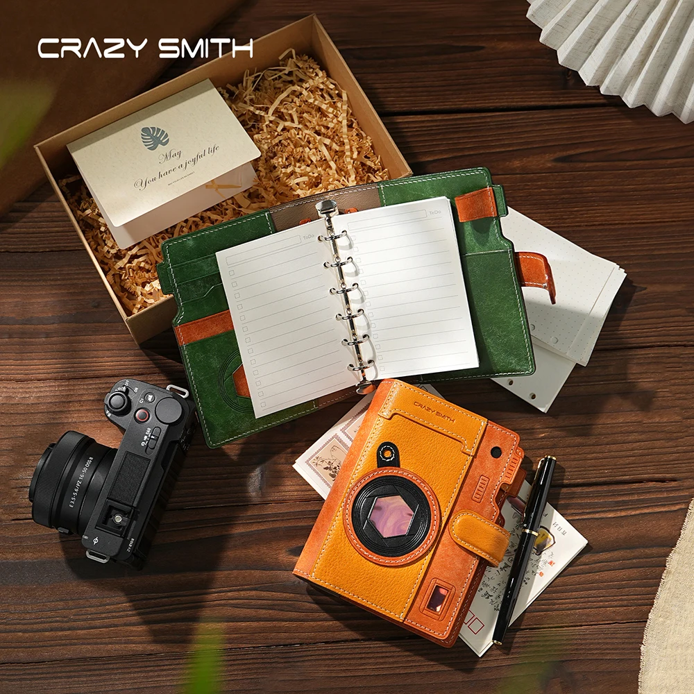 CRAZYSMITH Handmade Leather Camera-Inspired Journal Vintage Full-Grain Cowhide Cover Refillable Loose Leaf Binder Notebook Diary