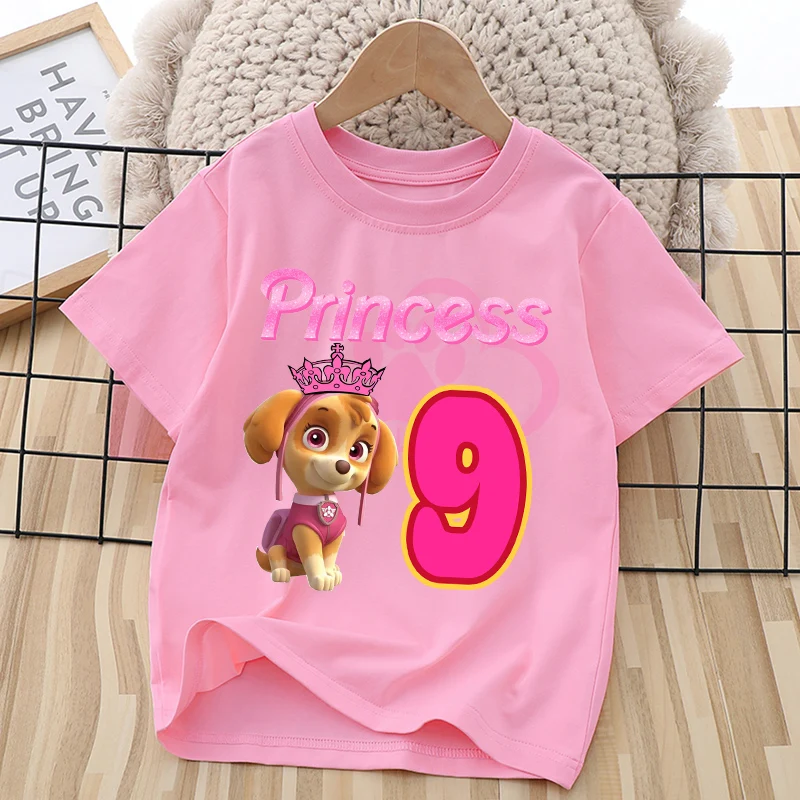Paw Patrol Skye T-shirt Children Birthday Number Tee Top Girls Pink Clothes Cartoon Anime Short Sleeve Kids Loose Clothing Gift