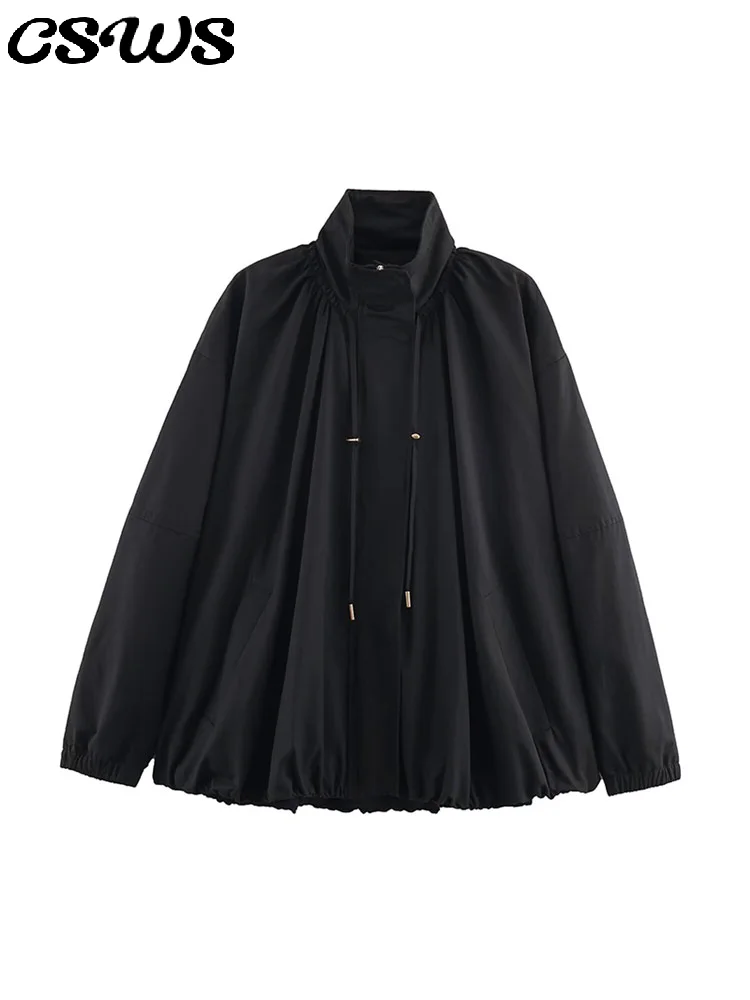 

Elegant Pleated Solid Women Coat Loose Stand Collar Long Sleeve Pleated Patchwork Female Jacket 2025 Autumn Winter Lady Outwear