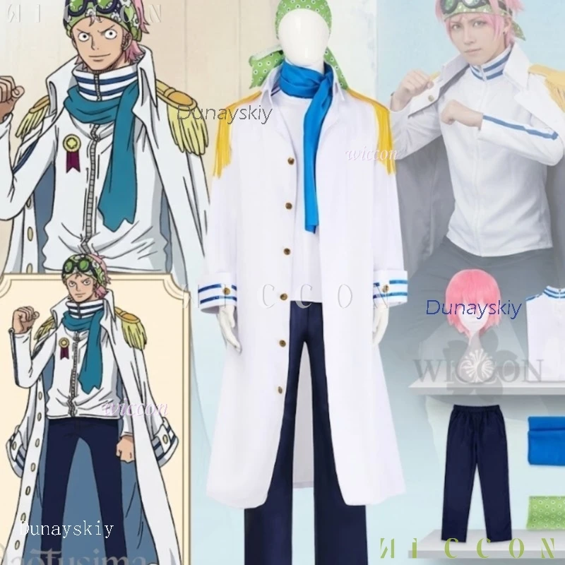 

Coby Cosplay Full Costumes Sets Anime Movie One Handsome Punk Navy-style Long White Coat Green Headscarf Blue Scarf Pink Wigs Ha