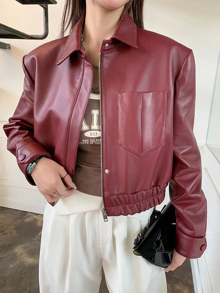 2023 New Real Lambskin Short  Burgundy Cropped Leather Jacket Women