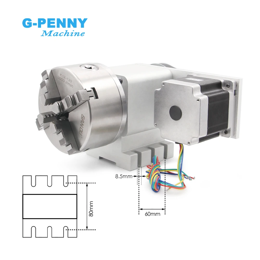 G-Penny 3 / 4 Jaw 130mm 4th Axis CNC Dividing Head/Rotation Axis/A axis kit Reduction ratio 4:1 with Nema34 Stepper Motor