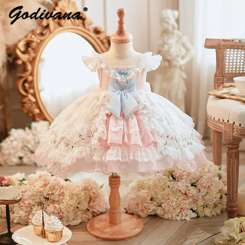 

Girls Sweet Pink Lolita Princess Dress Babys First Birthday Gown Kids High-end Summer New Luxury Bow Lace Mesh Floral Tutu Dress