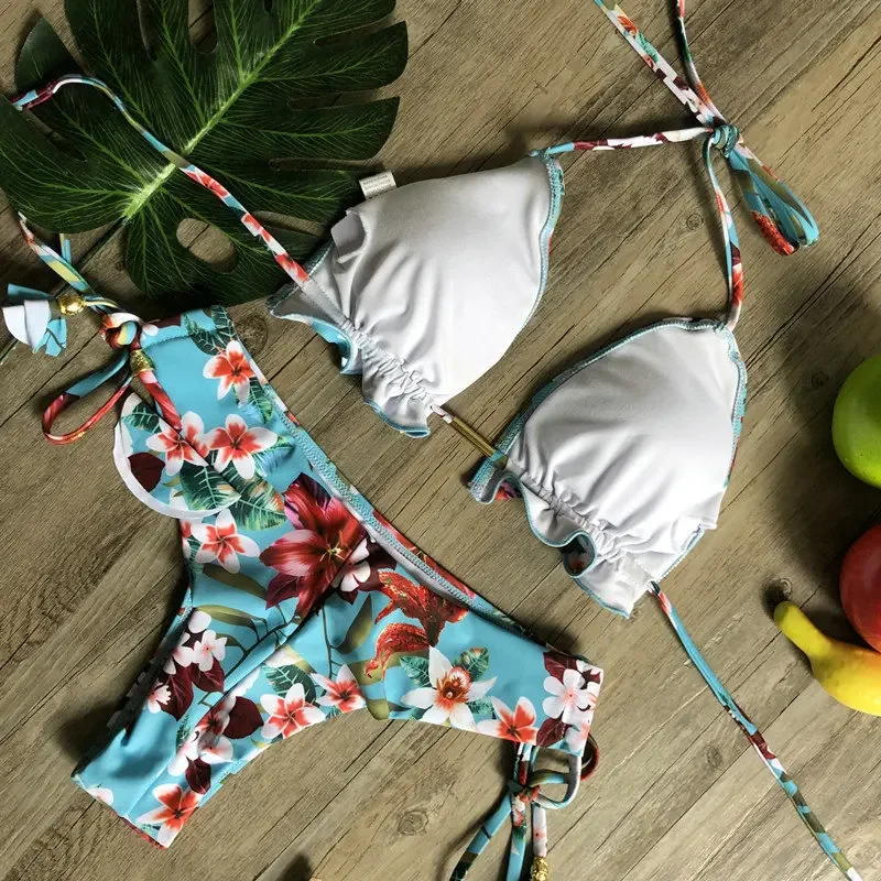 Seksowny kwiatowy Print strój kąpielowy 2 sztuk stroje kąpielowe Push Up Micro String Bikini zestaw wyściełane kobiety stringi brazylijskie stroje