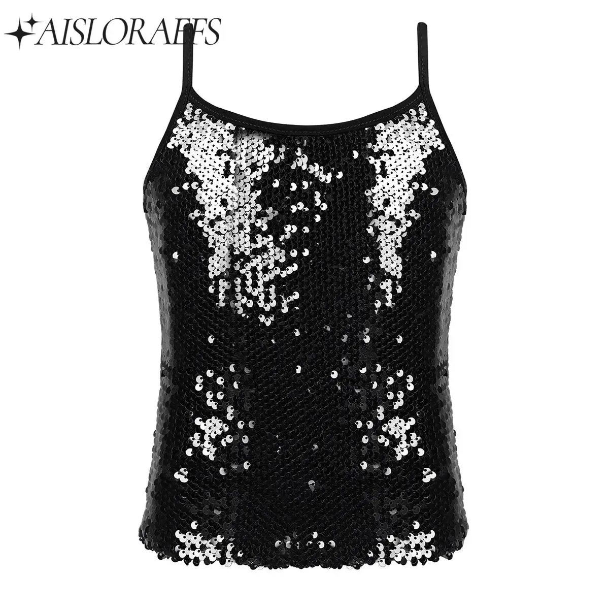 

Kids Girls Jazz Dance Tank Top Spaghetti Shoulder Straps Sparkly Sequined Tops Latin Hip-pop Street Dancing Performance Costumes