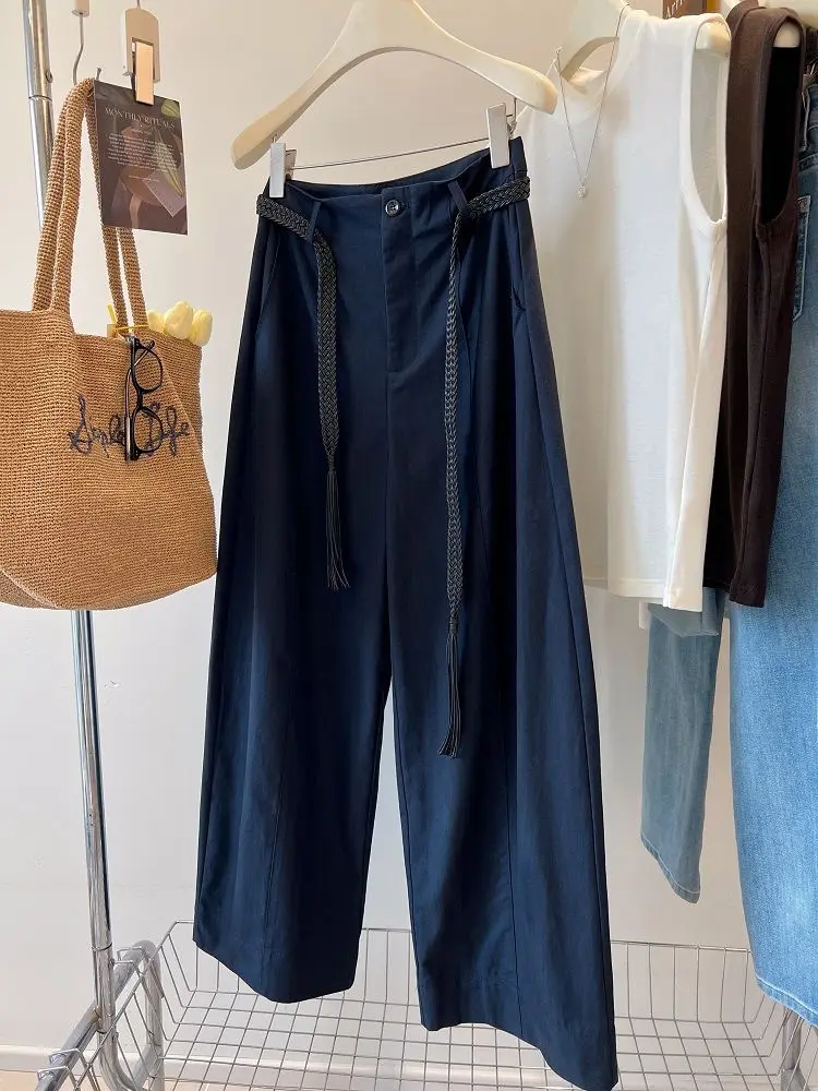 Pantalon décontracté rétro japonais, coupe ample, tissage lâche, ceinture, taille haute, jambe droite, large, ex printemps automne