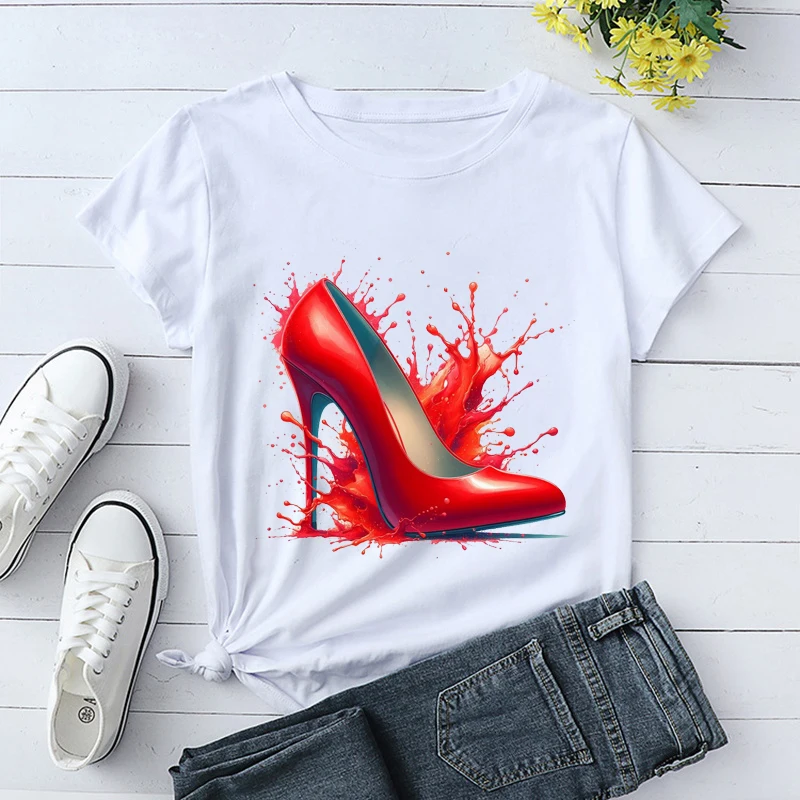 Beauty T-Shirt Red Heels Print Women T-Shirt Watercolor Heels Shirt Harajuku Graphic Tops Woman Tees Summer Cosmetics Clothing