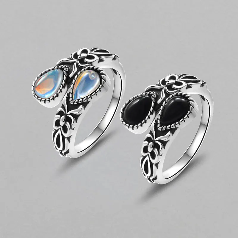 Thai Silver New Retro Design Moonstone Adjustable Ring For Woman Trendy Jewelry Daily Part Accessories Gifts