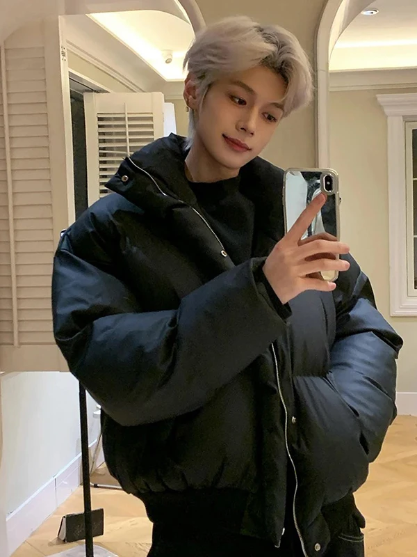 

American High Street PU Leather down Jaet Men's Winter Thiened Cotton Coat Cleanfit Couple Warm Bread Sle Trendy