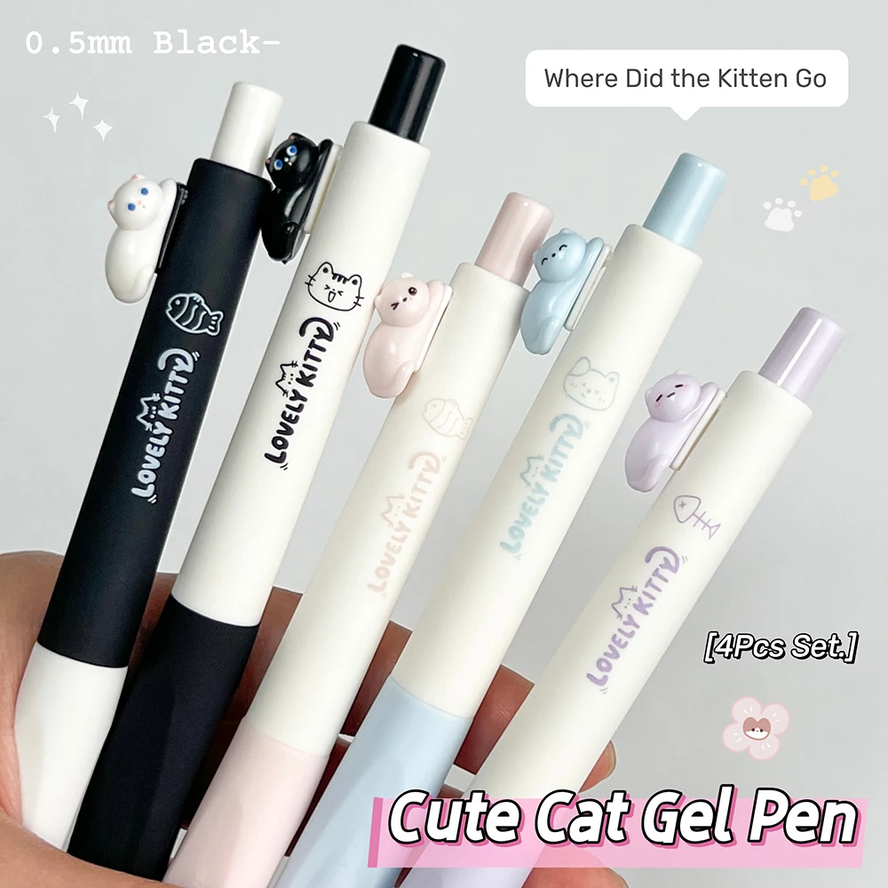 4 Pcs/Set Cute Cat Gel Pen 0.5mm Creative Black Quick-Drying Pen Fun Shape Writing Pen For Study & Office Use