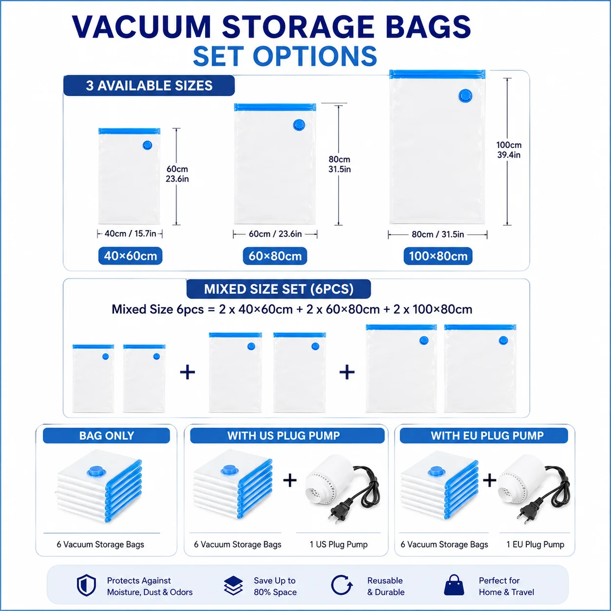 Vacuum Storage Bags for Clothes Space Saver Compression Bags Mixed Size Travel Organizer with Optional Electric Pump