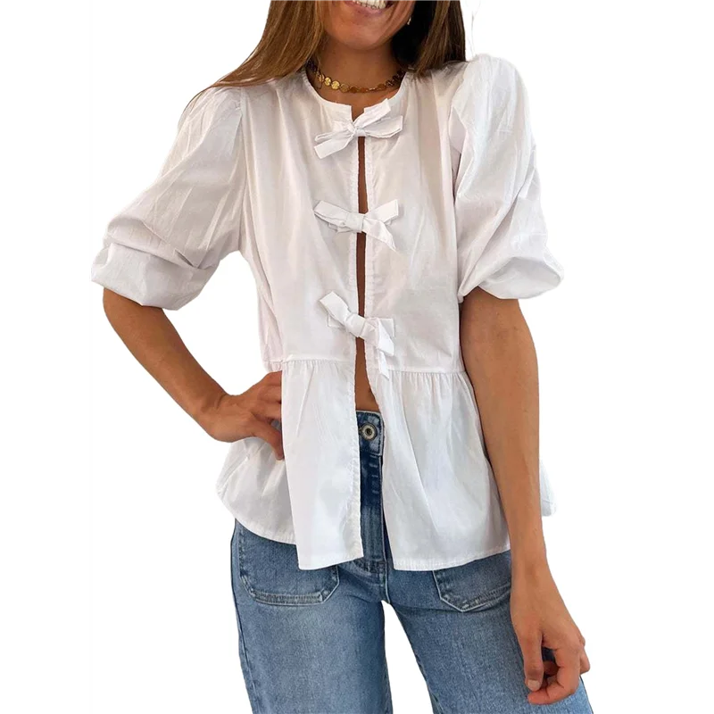 

FX-Женские топы с баской Y2K, пышная блузка с короткими рукавами и завязками, рубашка, летний милый топ на выход, топ в стиле бебидолл