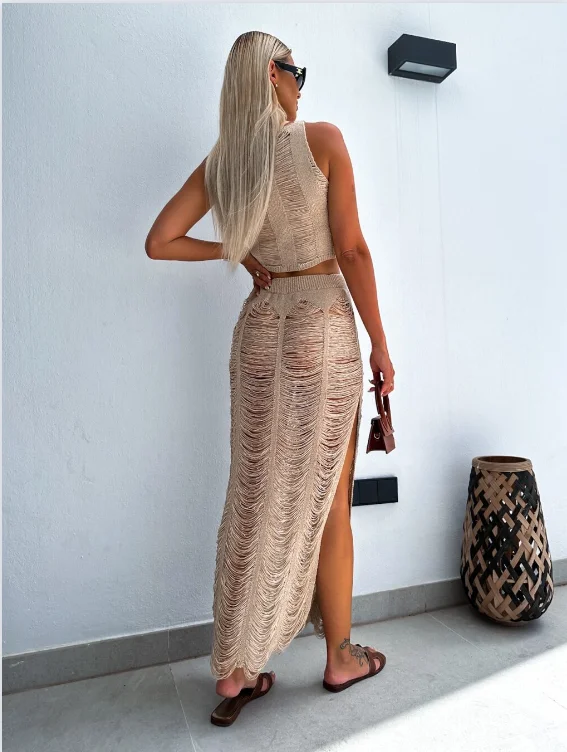 2024 Cover-ups Knitted Sexy See Through Tassel Beach Cover Summer Camisole Blouse Bodycon Skirt Two-piece Set Hollow Out Dress