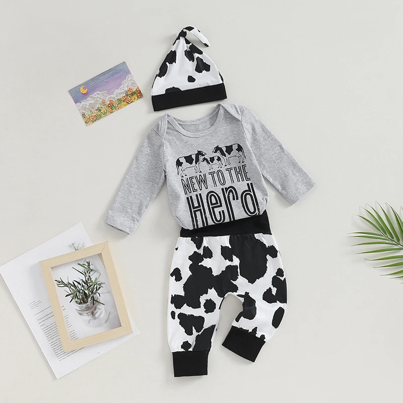 

0-6M Newborn Baby Boy Clothing Western Cow Print Long Sleeve Romper Elastic Pants Beanie Hat 3pcs Set Fall Spring Outfit Clothes