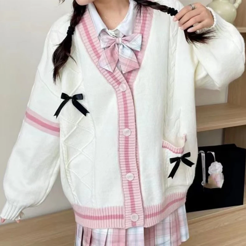 Koreanische Rippen V-ausschnitt Strickjacke Frau Frühling Herbst Adrette Einreiher Pullover für Frauen Mix Farbe Bowknit Mantel Mujer