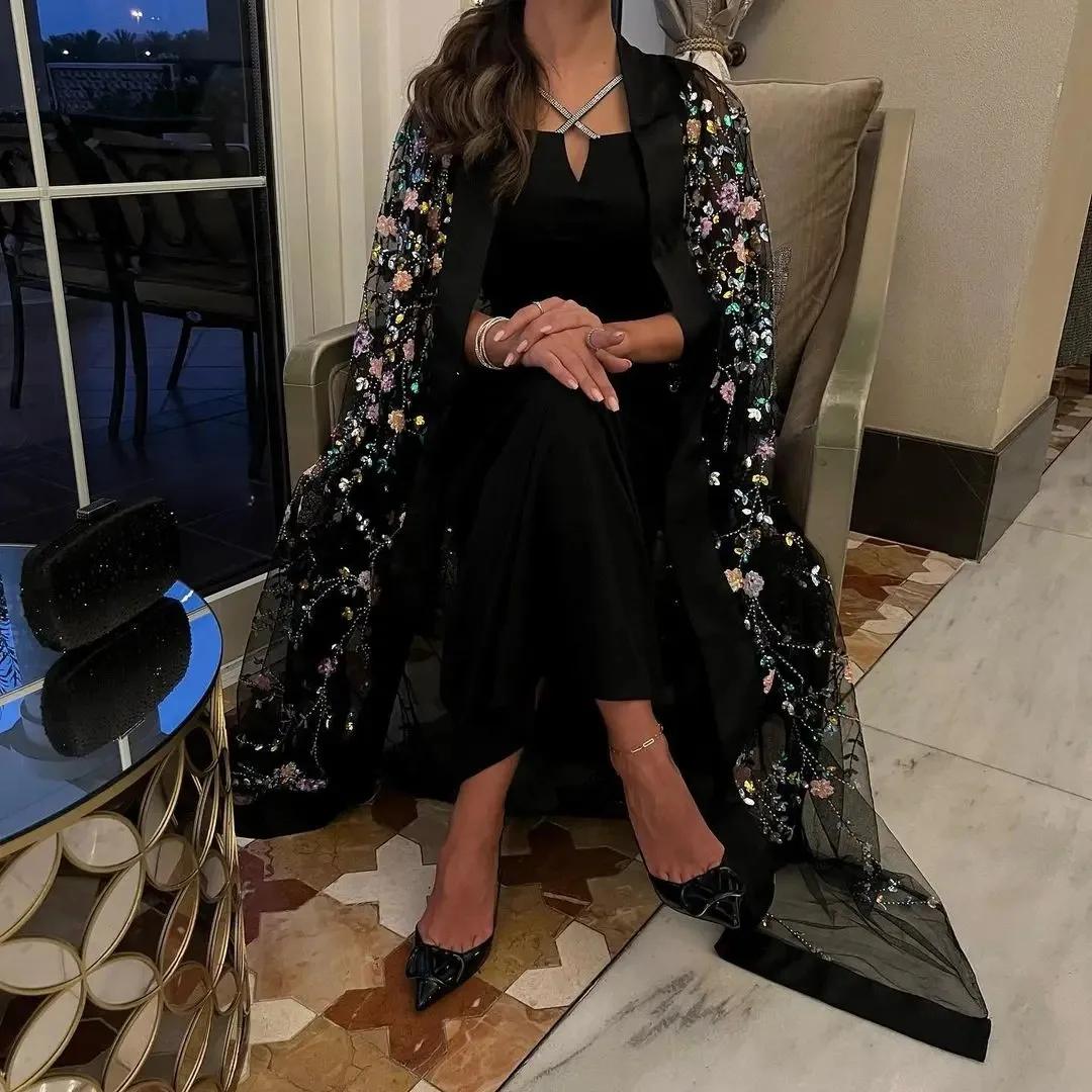 

Sequins Black Prom Dresses Ankle-Length Formal Evening Dresses Classic 3D Flowers Formal Women Arabia Party Gowns Custom Made