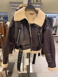 Winter Women Streetwear Zip Faux Lamb Leather Fur Short Jacket with Belt Moto Biker Thick Warm Sheepskin PU Coat Outwe